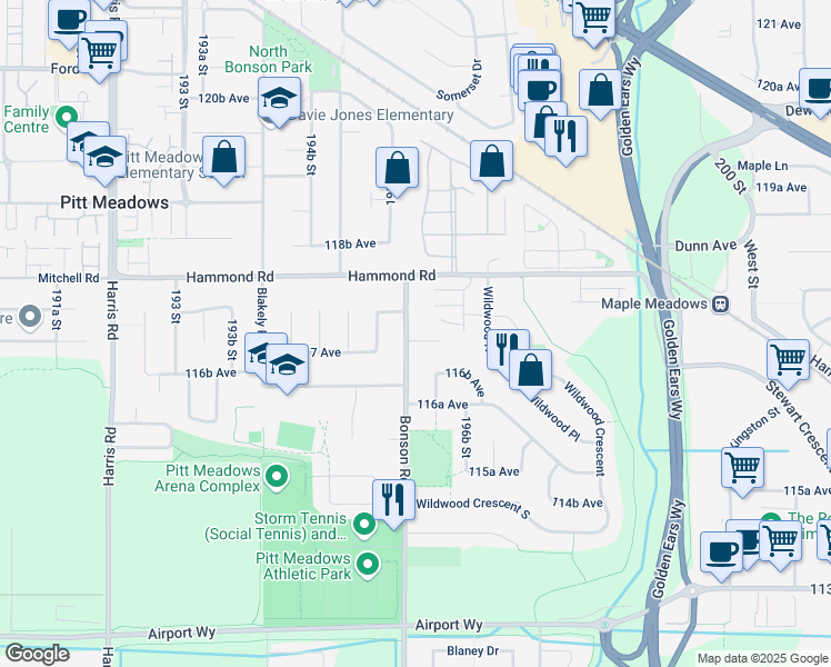 map of restaurants, bars, coffee shops, grocery stores, and more near 11730 Bonson Road in Pitt Meadows