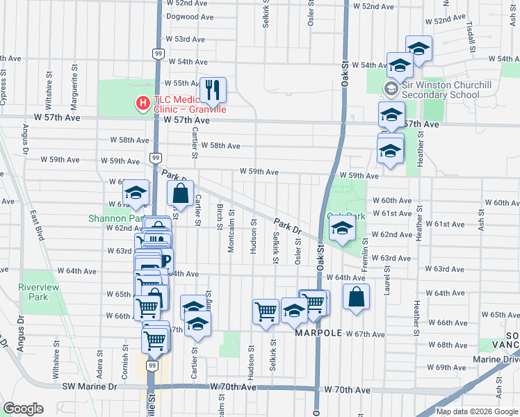 map of restaurants, bars, coffee shops, grocery stores, and more near 1275 Park Drive in Vancouver