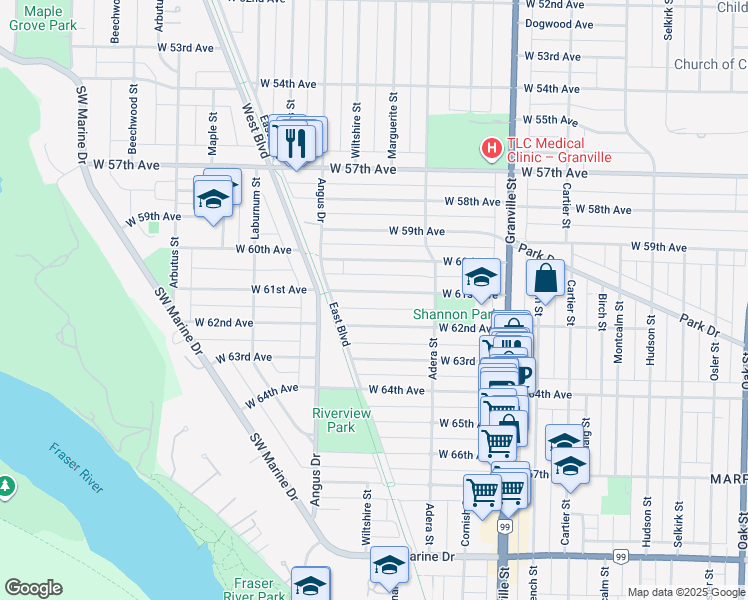 map of restaurants, bars, coffee shops, grocery stores, and more near 1700 West 61st Avenue in Vancouver