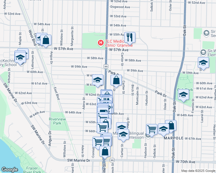 map of restaurants, bars, coffee shops, grocery stores, and more near 7710 Granville Street in Vancouver