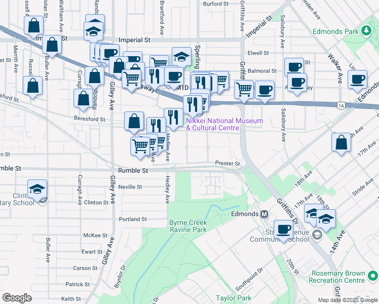 map of restaurants, bars, coffee shops, grocery stores, and more near 7460 Hawthorne Terrace in Burnaby