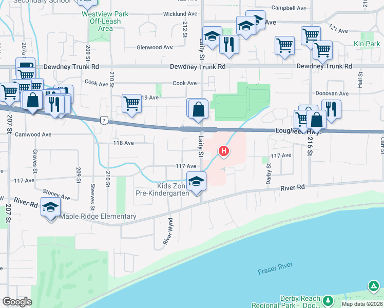 map of restaurants, bars, coffee shops, grocery stores, and more near 21238 Cutler Place in Maple Ridge
