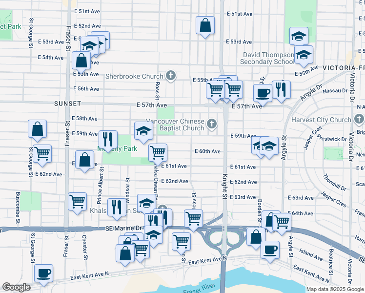map of restaurants, bars, coffee shops, grocery stores, and more near 1257 East 60th Avenue in Vancouver
