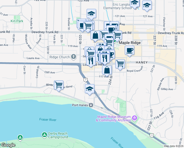 map of restaurants, bars, coffee shops, grocery stores, and more near in Maple Ridge