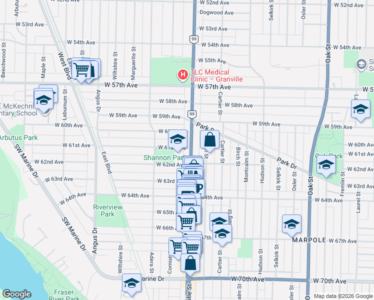 map of restaurants, bars, coffee shops, grocery stores, and more near 1510 West 61st Avenue in Vancouver