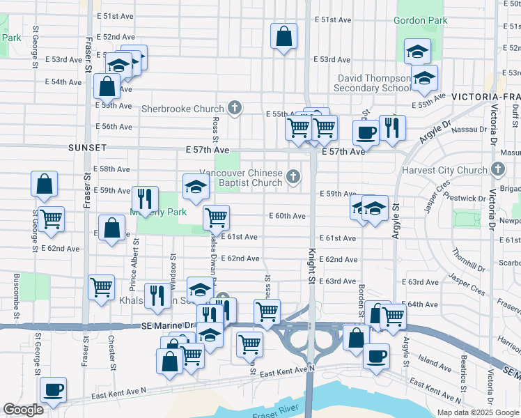 map of restaurants, bars, coffee shops, grocery stores, and more near 7575 Inverness Street in Vancouver