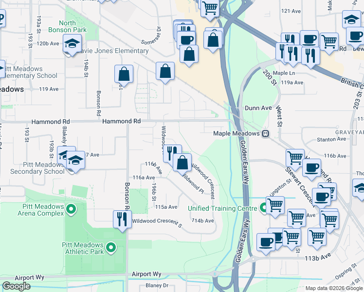 map of restaurants, bars, coffee shops, grocery stores, and more near 19765 Wildcrest Avenue in Pitt Meadows