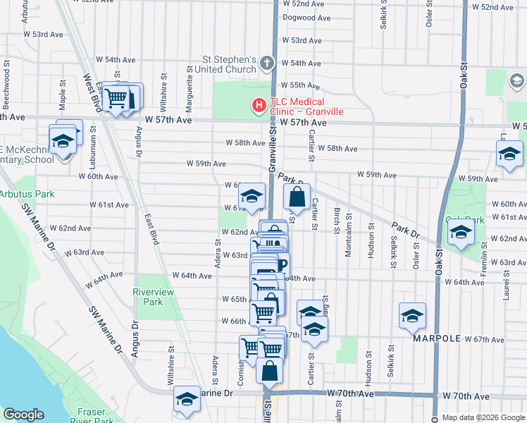 map of restaurants, bars, coffee shops, grocery stores, and more near 1512 West 61st Avenue in Vancouver