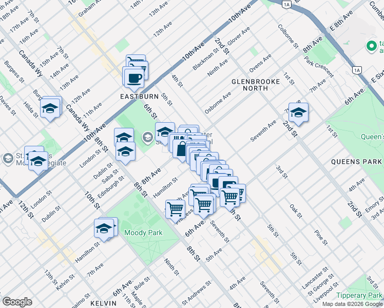 map of restaurants, bars, coffee shops, grocery stores, and more near 773 6th Street in New Westminster
