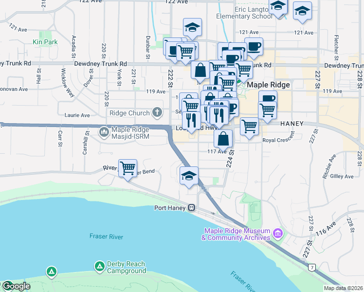 map of restaurants, bars, coffee shops, grocery stores, and more near in Maple Ridge