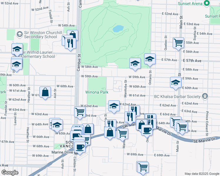 map of restaurants, bars, coffee shops, grocery stores, and more near in Vancouver