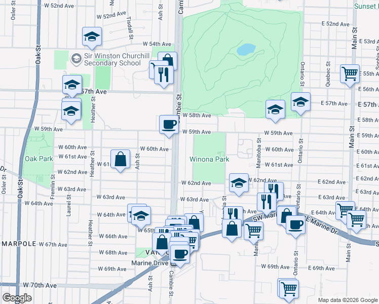 map of restaurants, bars, coffee shops, grocery stores, and more near in Vancouver