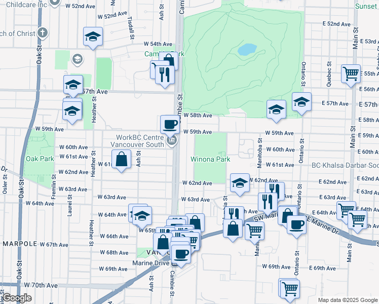 map of restaurants, bars, coffee shops, grocery stores, and more near in Vancouver