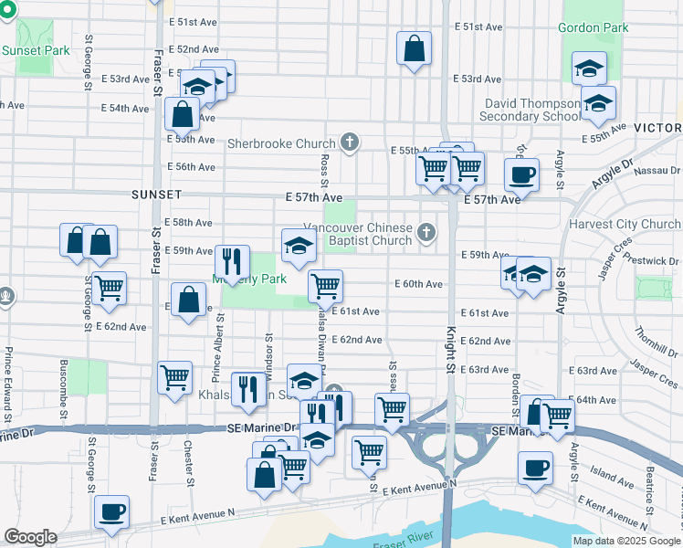 map of restaurants, bars, coffee shops, grocery stores, and more near 1161 East 60th Avenue in Vancouver