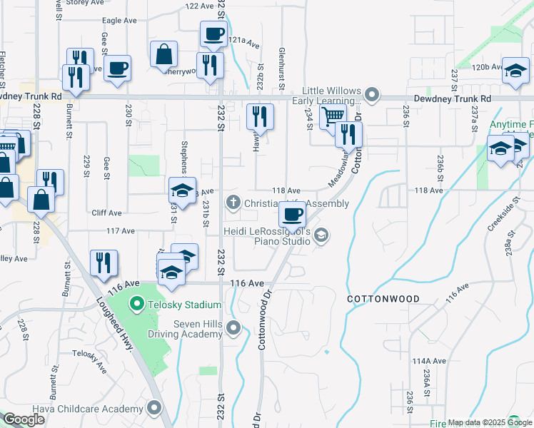 map of restaurants, bars, coffee shops, grocery stores, and more near 23320 117B Avenue in Maple Ridge