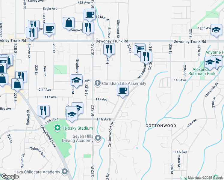 map of restaurants, bars, coffee shops, grocery stores, and more near 23320 117B Avenue in Maple Ridge