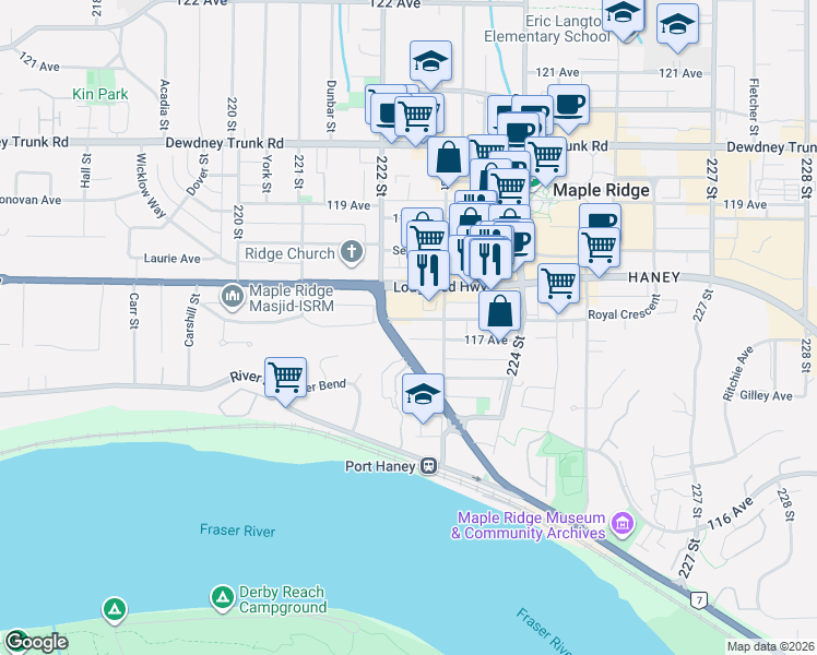 map of restaurants, bars, coffee shops, grocery stores, and more near in Maple Ridge