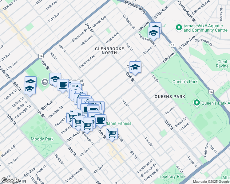 map of restaurants, bars, coffee shops, grocery stores, and more near 302 Princess Street in New Westminster