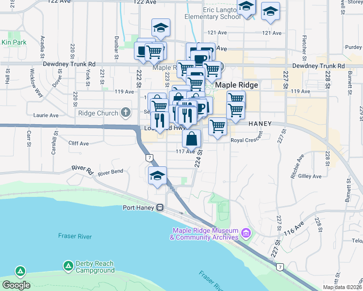 map of restaurants, bars, coffee shops, grocery stores, and more near in Maple Ridge