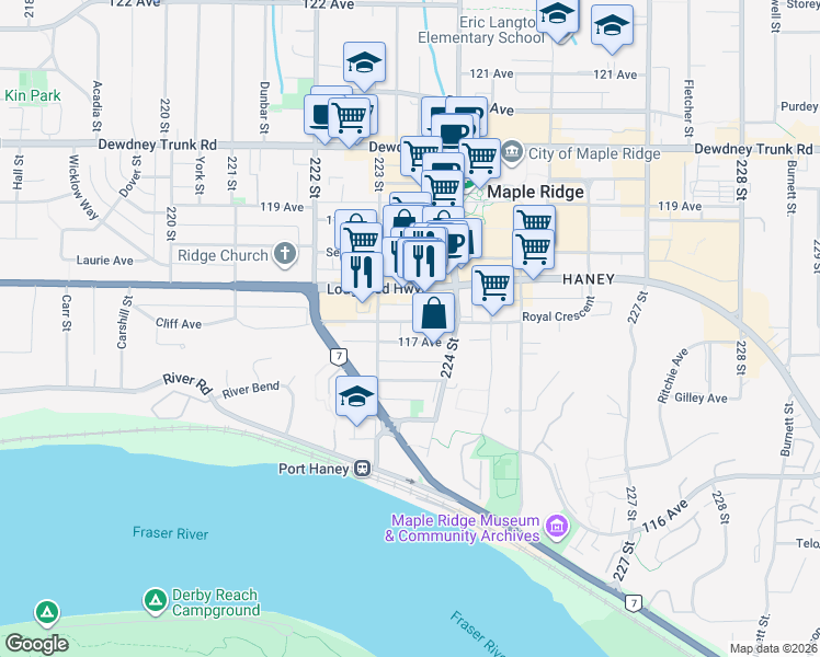 map of restaurants, bars, coffee shops, grocery stores, and more near in Maple Ridge