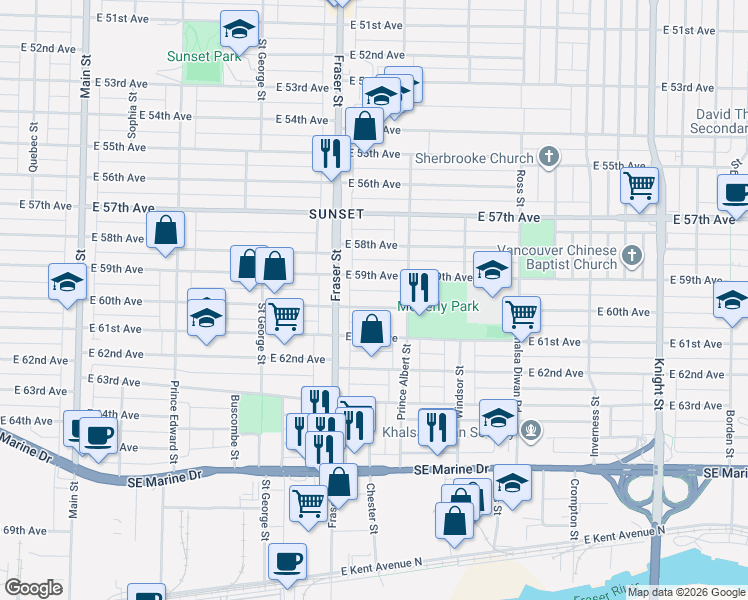 map of restaurants, bars, coffee shops, grocery stores, and more near 747 East 60th Avenue in Vancouver