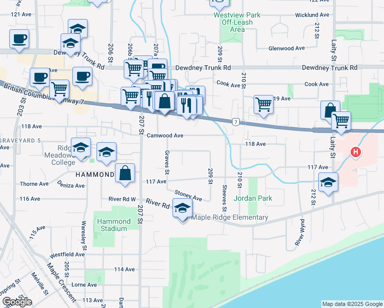 map of restaurants, bars, coffee shops, grocery stores, and more near in Maple Ridge