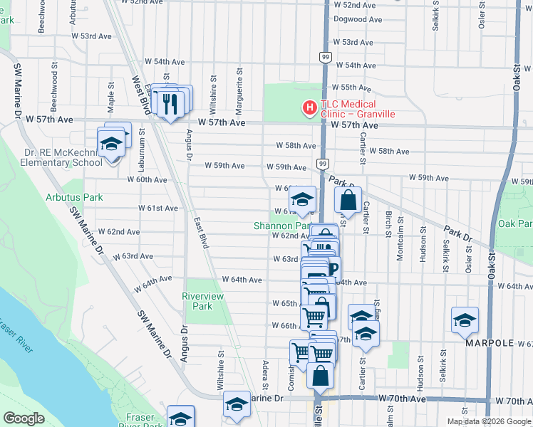 map of restaurants, bars, coffee shops, grocery stores, and more near 1624 West 61st Avenue in Vancouver
