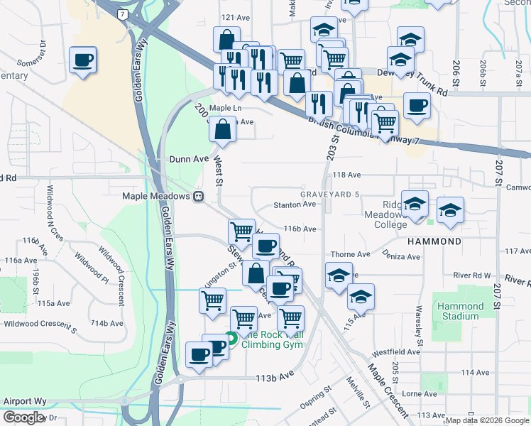 map of restaurants, bars, coffee shops, grocery stores, and more near 20180 Stanton Avenue in Maple Ridge