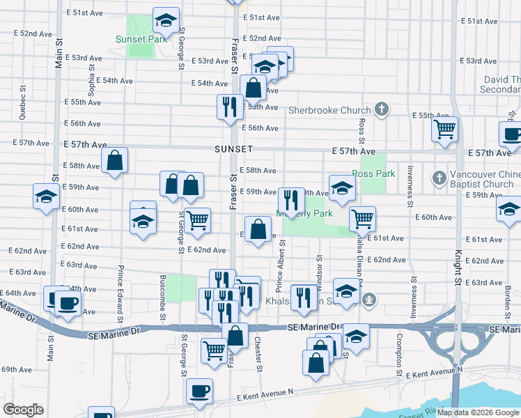 map of restaurants, bars, coffee shops, grocery stores, and more near in Vancouver