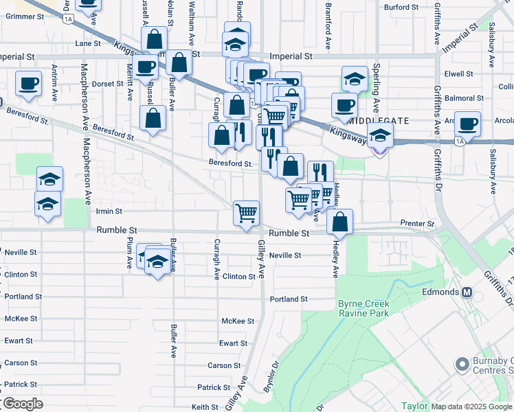 map of restaurants, bars, coffee shops, grocery stores, and more near 7533 Gilley Avenue in Burnaby