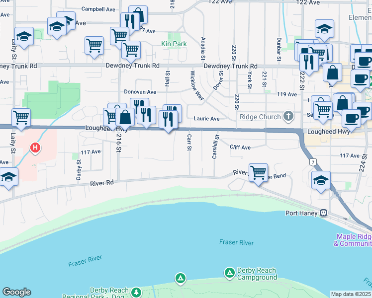 map of restaurants, bars, coffee shops, grocery stores, and more near 11737 Carr Street in Maple Ridge