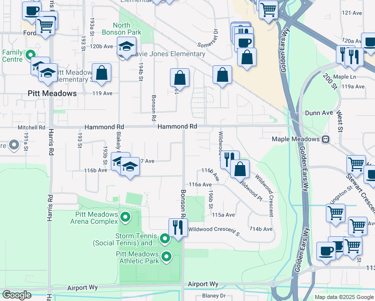 map of restaurants, bars, coffee shops, grocery stores, and more near 11730 Bonson Road in Pitt Meadows