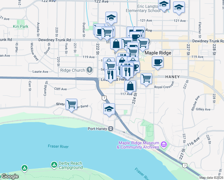map of restaurants, bars, coffee shops, grocery stores, and more near in Maple Ridge