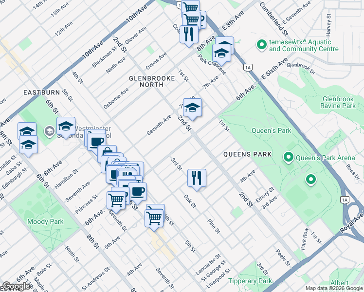map of restaurants, bars, coffee shops, grocery stores, and more near 220 6th Avenue in New Westminster