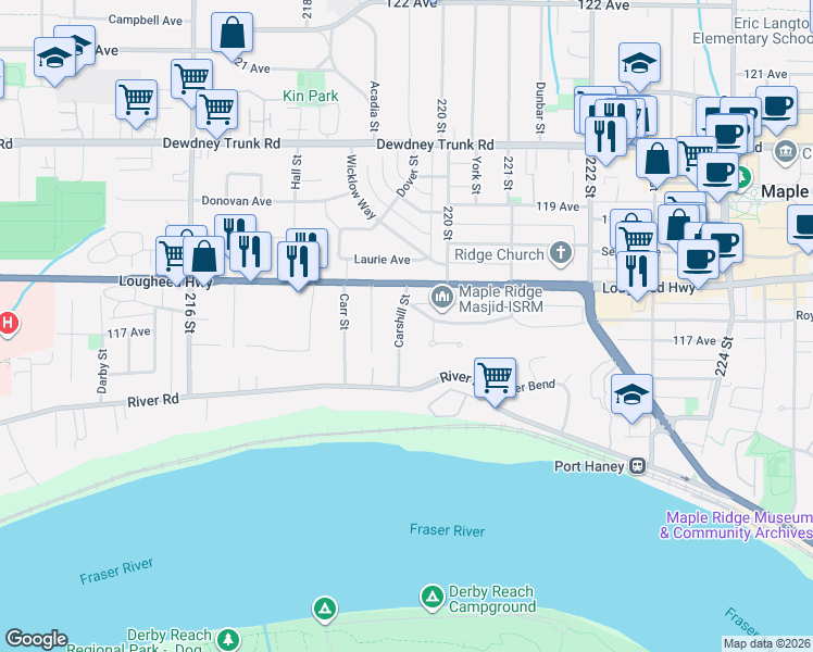 map of restaurants, bars, coffee shops, grocery stores, and more near 11773 Carshill Street in Maple Ridge