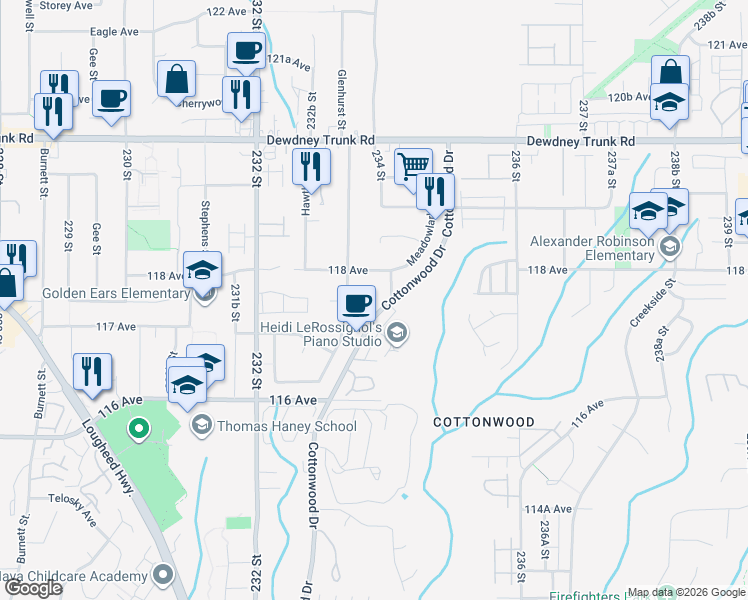 map of restaurants, bars, coffee shops, grocery stores, and more near 23406 118 Avenue in Maple Ridge