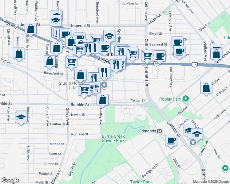 map of restaurants, bars, coffee shops, grocery stores, and more near 6702 Village Green in Burnaby