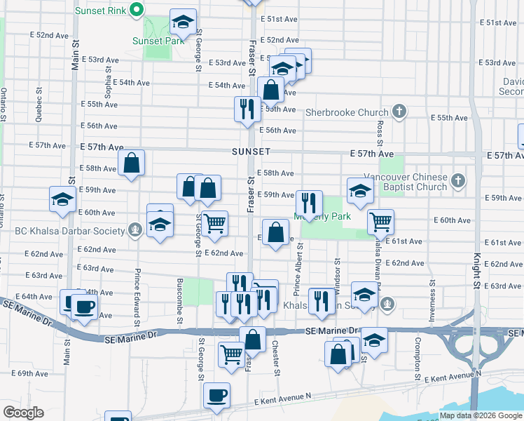 map of restaurants, bars, coffee shops, grocery stores, and more near 705 East 60th Avenue in Vancouver