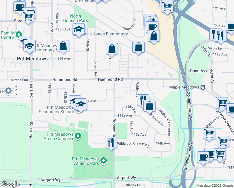 map of restaurants, bars, coffee shops, grocery stores, and more near 11770 Bonson Road in Pitt Meadows