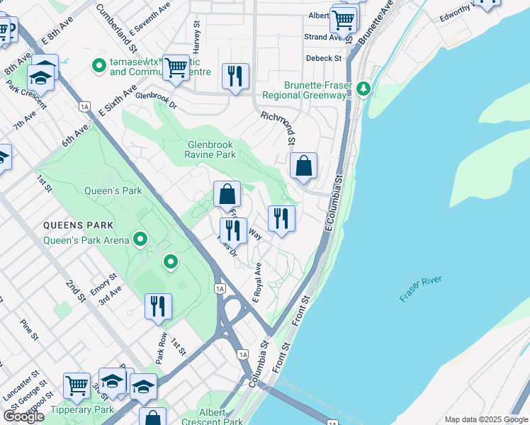 map of restaurants, bars, coffee shops, grocery stores, and more near Glenbrook Ravine Trail in New Westminster