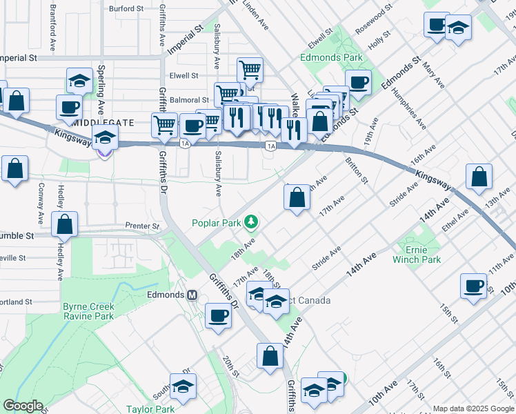 map of restaurants, bars, coffee shops, grocery stores, and more near 7173 Edmonds Street in Burnaby