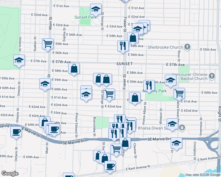 map of restaurants, bars, coffee shops, grocery stores, and more near in Vancouver