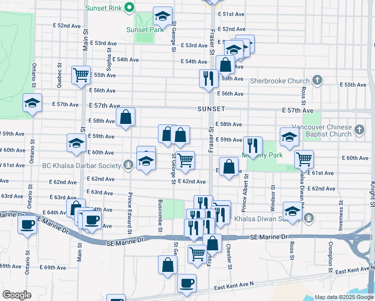 map of restaurants, bars, coffee shops, grocery stores, and more near 585 East 60th Avenue in Vancouver