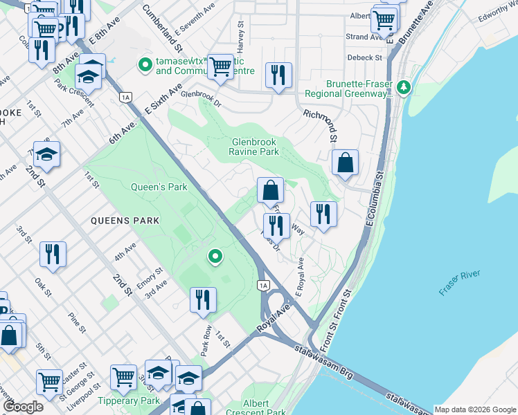 map of restaurants, bars, coffee shops, grocery stores, and more near 285 Ross Drive in New Westminster