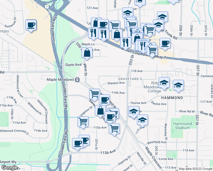 map of restaurants, bars, coffee shops, grocery stores, and more near 20196 Stanton Avenue in Maple Ridge