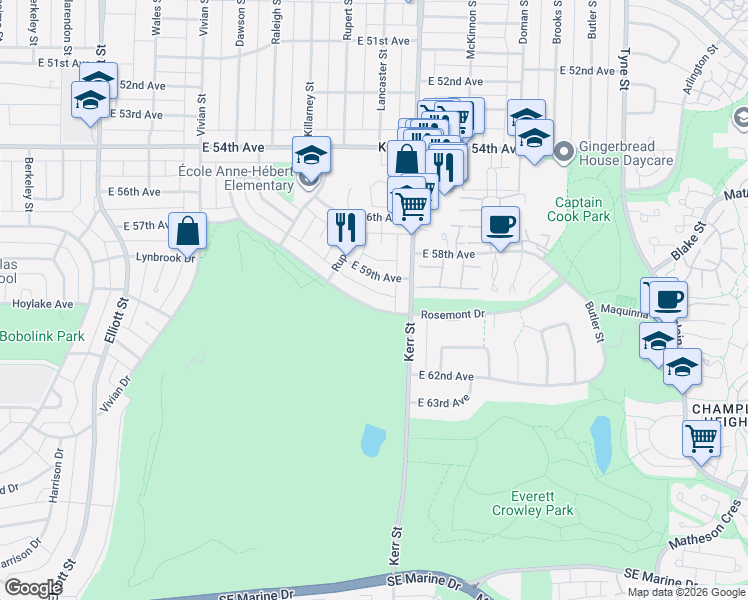 map of restaurants, bars, coffee shops, grocery stores, and more near in Vancouver
