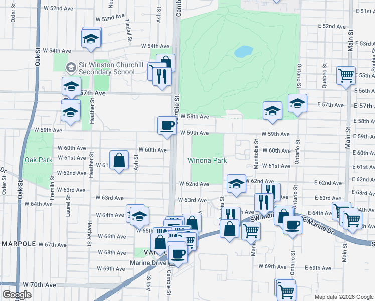 map of restaurants, bars, coffee shops, grocery stores, and more near 7601 Yukon Street in Vancouver