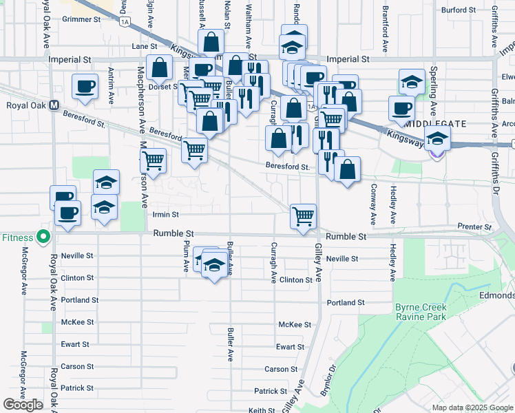map of restaurants, bars, coffee shops, grocery stores, and more near 6085 Irmin Street in Burnaby