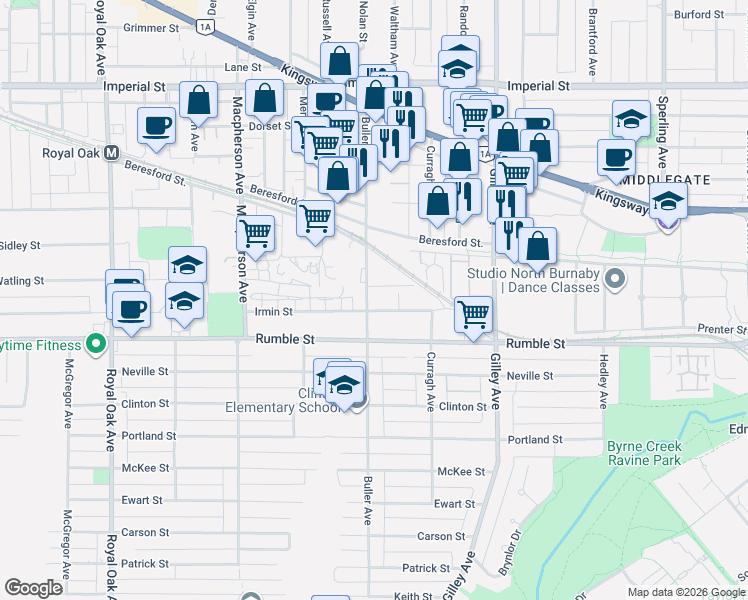 map of restaurants, bars, coffee shops, grocery stores, and more near in Burnaby