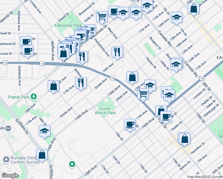 map of restaurants, bars, coffee shops, grocery stores, and more near 7353 14th Avenue in Burnaby